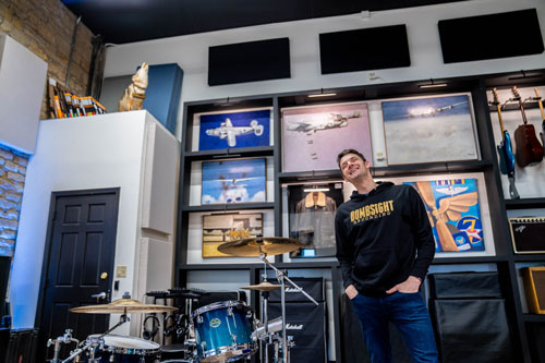 The recording room at Bombsight is ideal for recording drums, being a large space with high ceilings, and the main backdrop is decorated with Dave’s grandfather’s own paintings and bomber jacket.