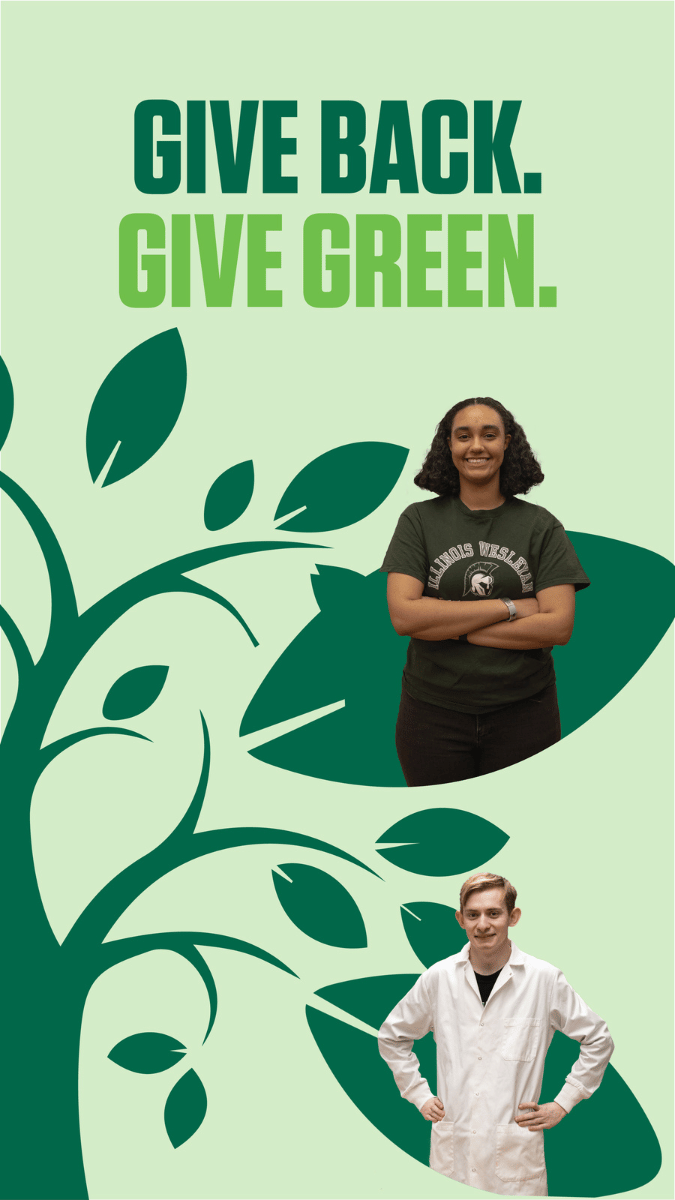 Give green, give back text with green vines framing two IWU students