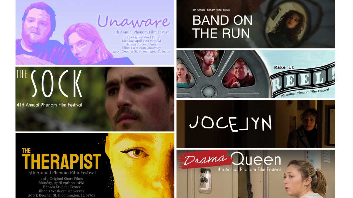 Collage of seven movie posters promoting student films for the upcoming Phenom Film Festival at IWU