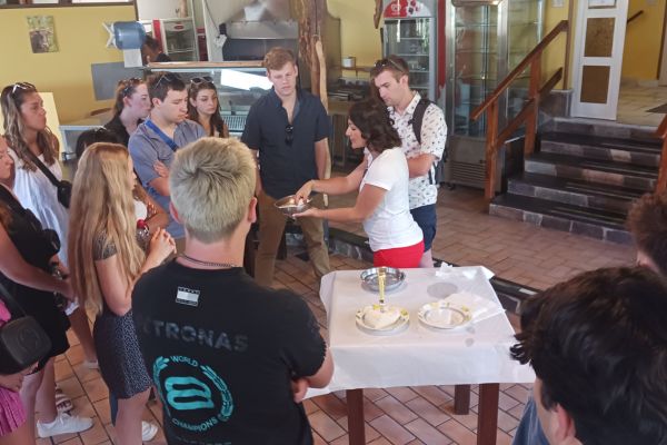 Students at a sustainability farm and mozzarella factory during a May Term travel course