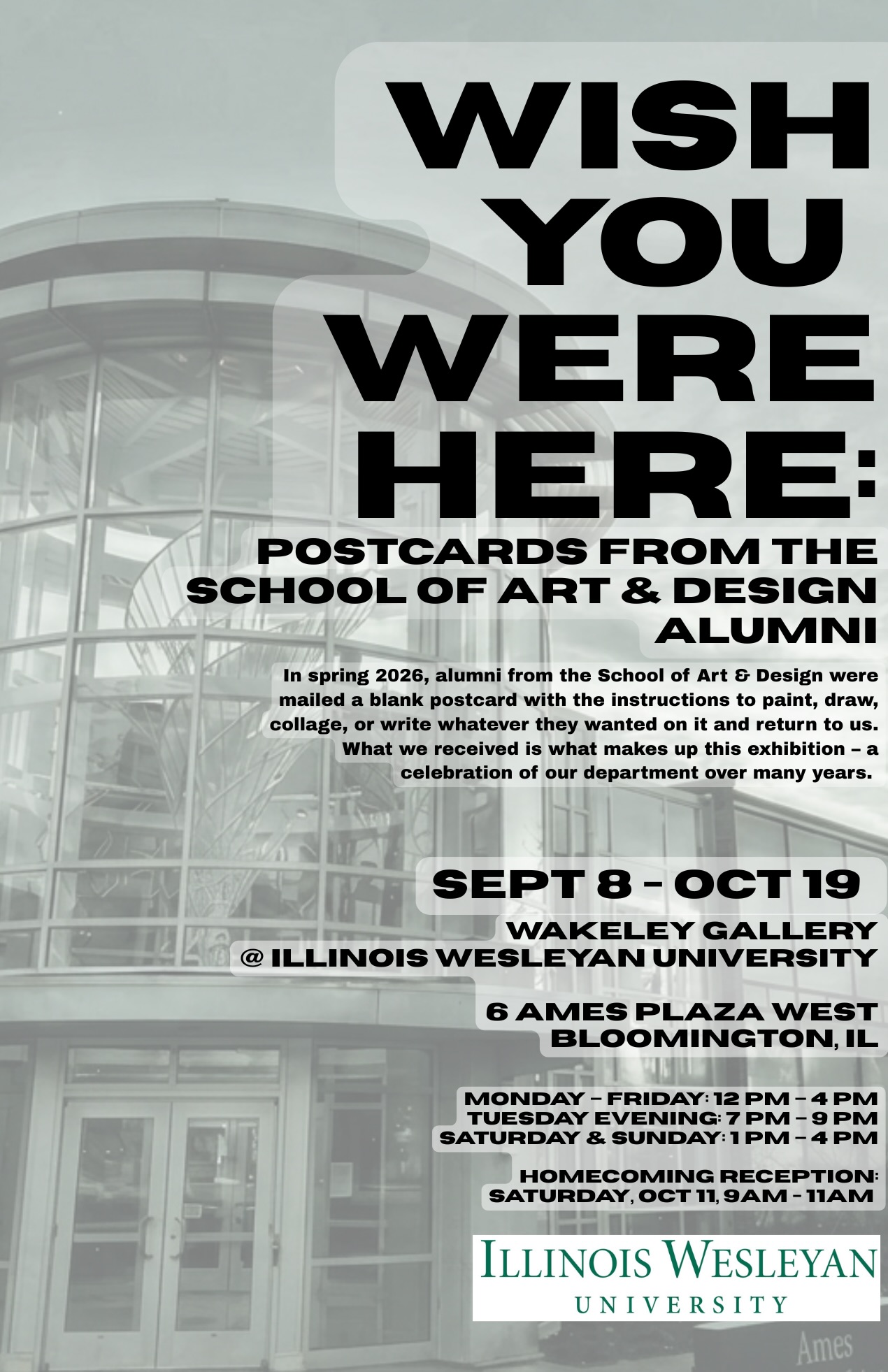 Wish You Were Here: Postcards from the School of Art and Design alumni Poster for art exhibition Wish You Were Here