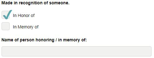 image displaying how to select memorial or in memory of boxes in giving form