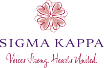 Sigma Kappa logo and phrase: Voices Strong. Hearts United.