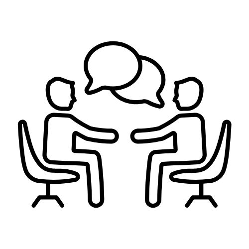 Outline of two people sitting in office chairs with empty speech bubbles over their heads