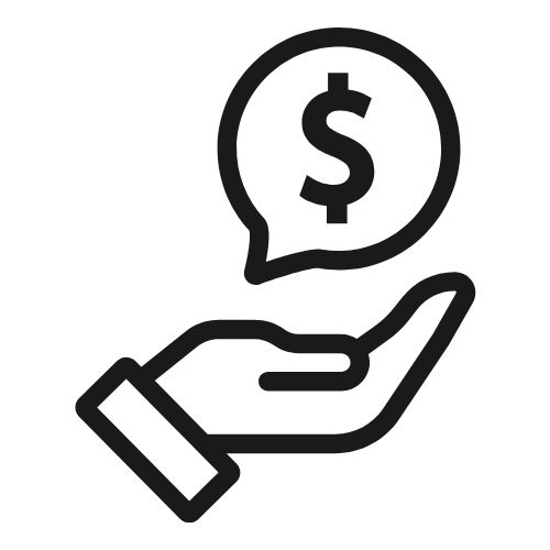 Outline of a hand with speech bubble hovering over it with a dollar sign in the speech bubble