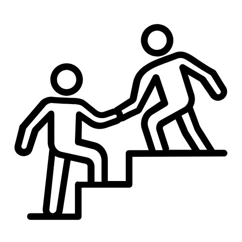 Outline of two people on stairs, the one on the higher step is reaching out and helping the one on the lower step
