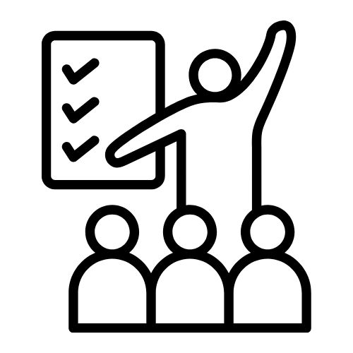 Line drawing of a person in front of a checklist with three pupils in front of them.