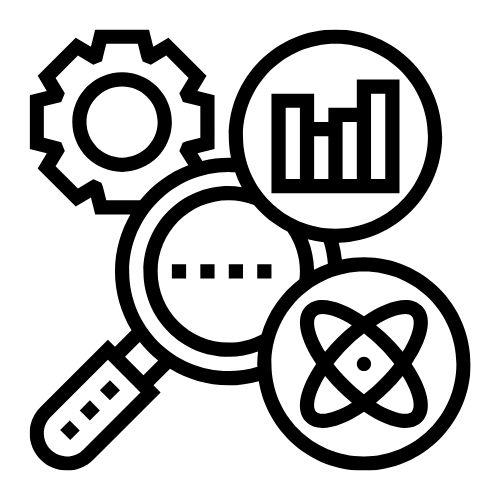 Outline ofa gear, magnifying glass, bar graph and atom.