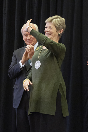 Nugent waves to the crowd gathered for the announcement of her as IWU’s 20th president on Nov. 14, 2019.