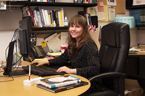 Vicary prepares for a class in her office in Illinois Wesleyan’s Center for Natural Science.