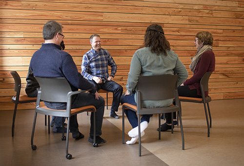 Chad McGehee ’03 leads a meditation session at The Center for Healthy Minds in February 2020. 
