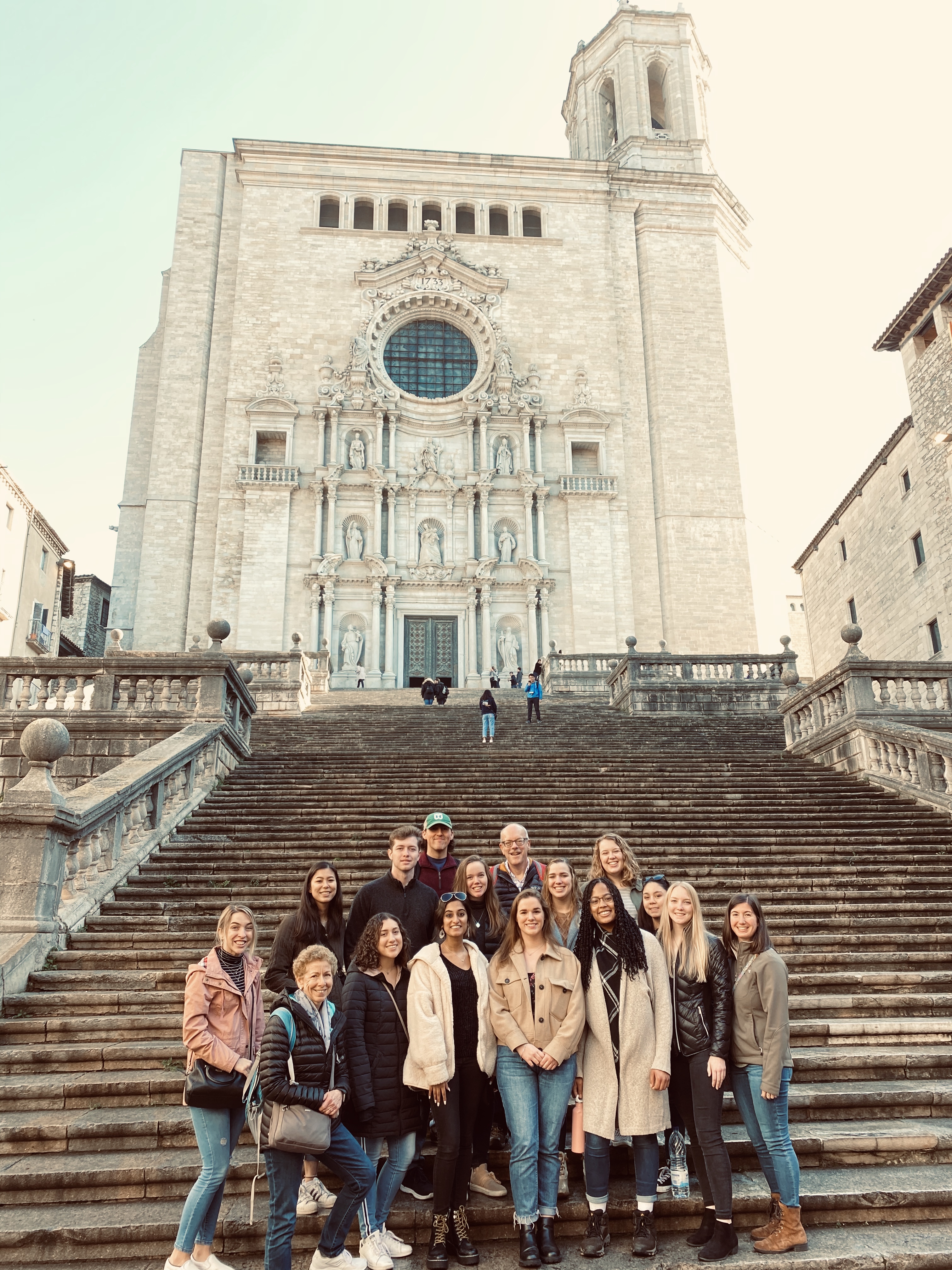 Illinois Wesleyan students on the Spain Program in Barcelona pose in front of the Girona Cathedral, also known as the Cathedral of St. Mary of Girona, in Girona, Catalonia, Spain.