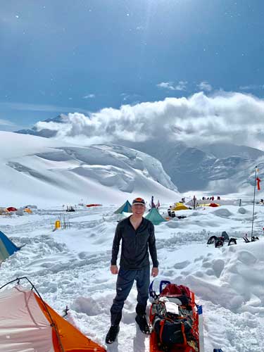 Baldock poses at Denali’s 11,000-foot base camp in 2019.