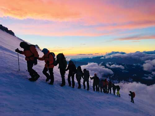 Members of Baldock’s climbing group work together on their ascent of Mount Elbrus, the highest peak in Europe, in 2017.