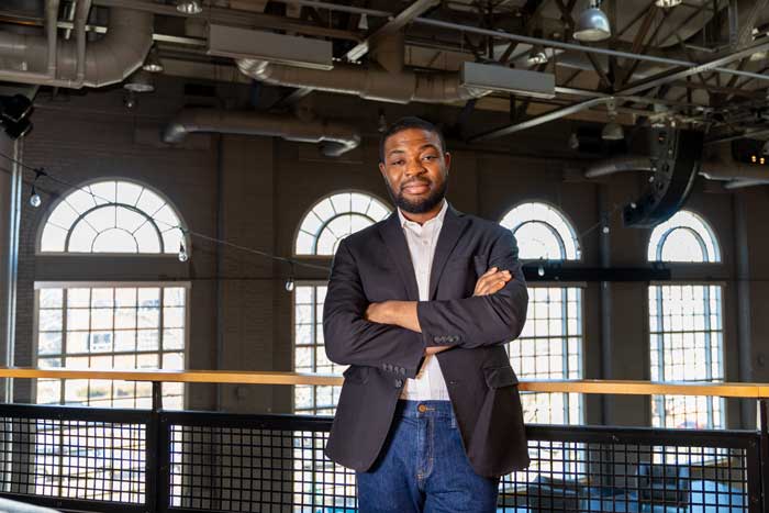 Afolabi visits Hansen Student Center in January 2022, near where he once presided over Student Senate as the first international student to serve as its president.