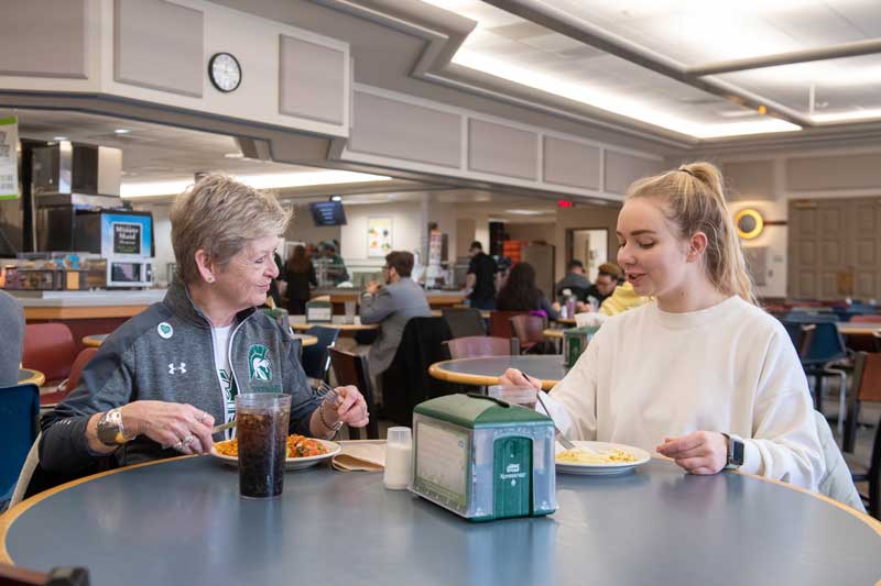 Georgia took her lunch at Bertholf Commons with current IWU students as part of her “President for a Day” swap.