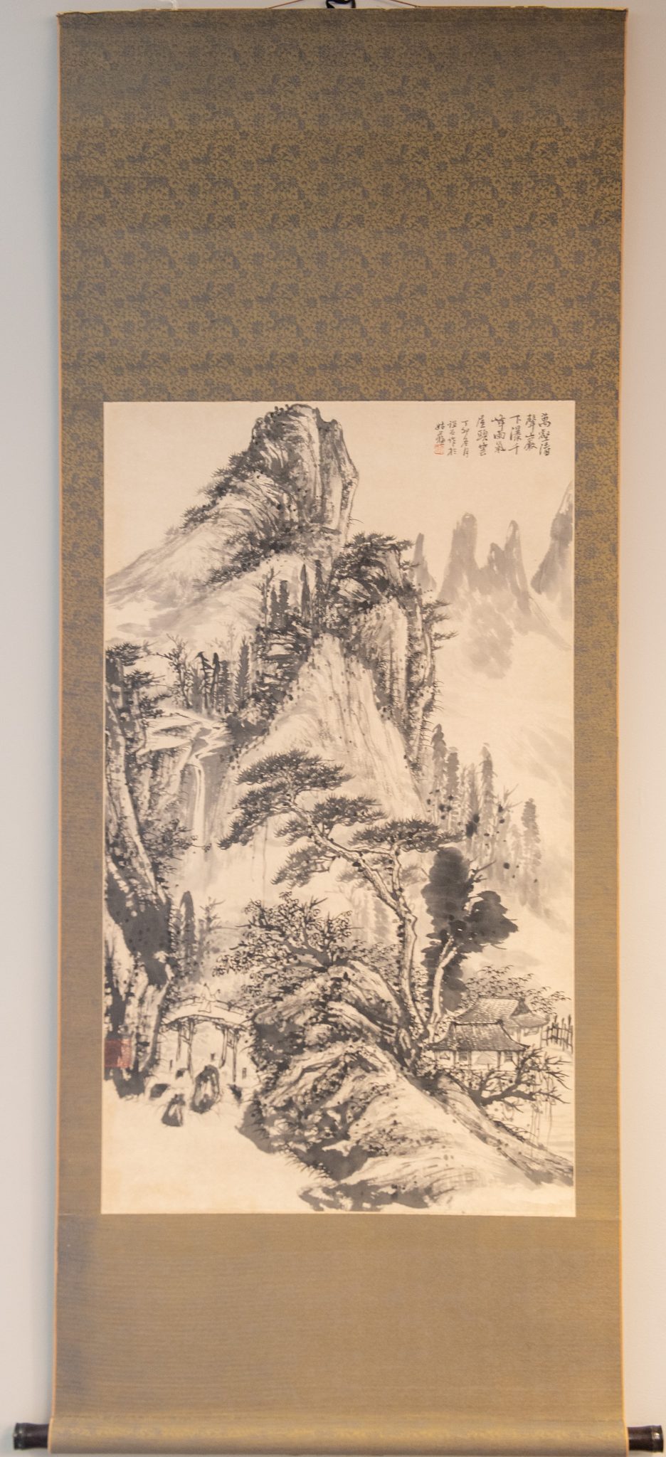 Ink on paper painting of mountain with poem