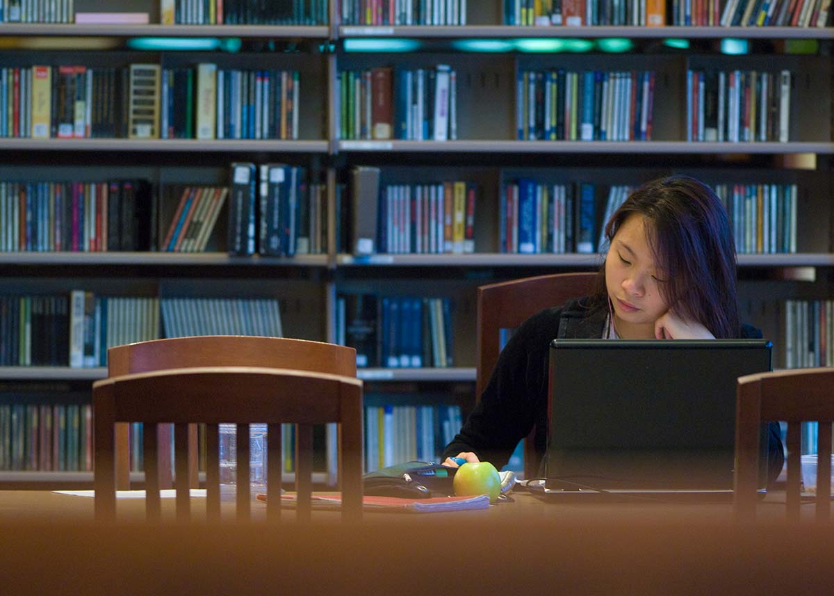 student dtudies at table in library