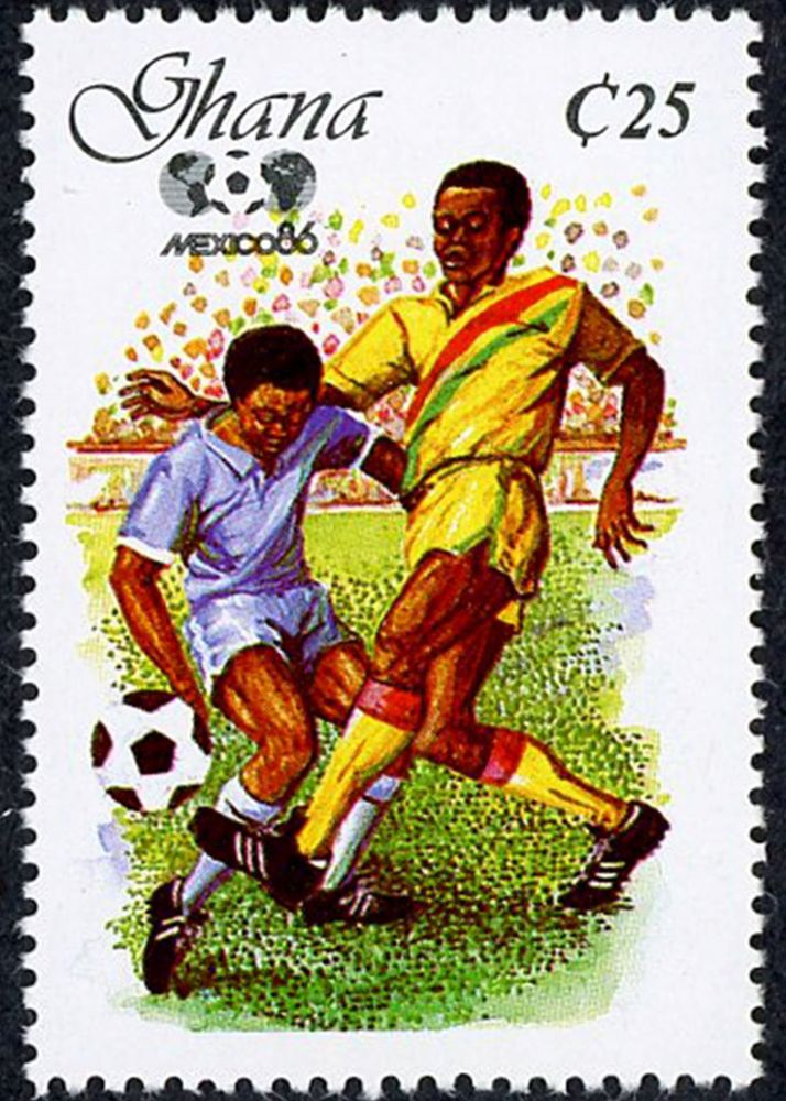 Stamp from Ghana with two men playing soccer