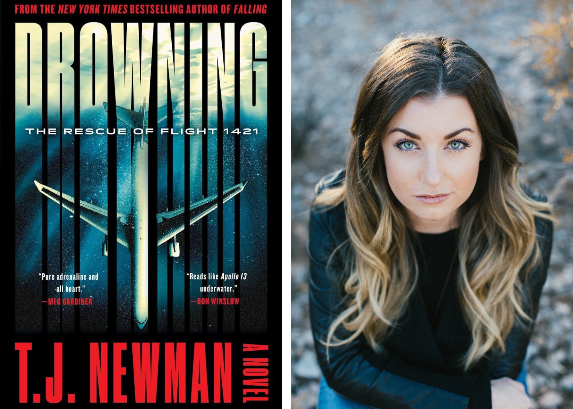Drowning book cover and headshot of TJ Newman