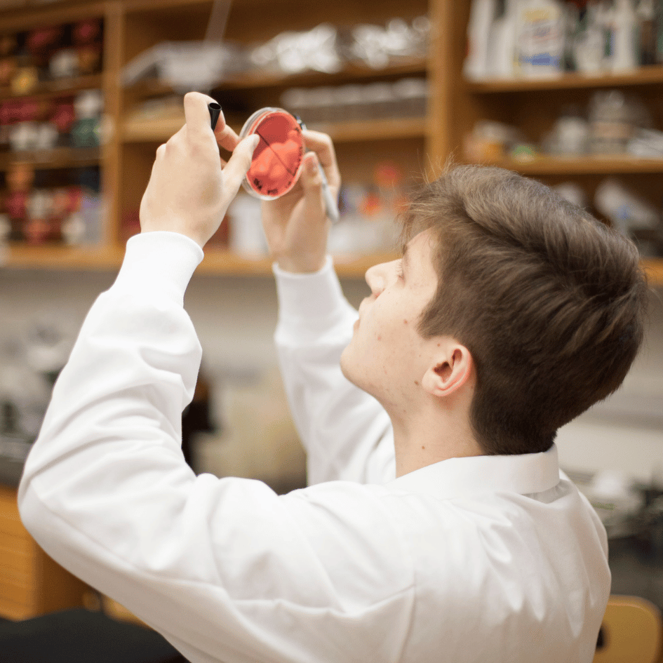 A chemistry student in a white lab coat holds a red petri dish up to the light to view its contents