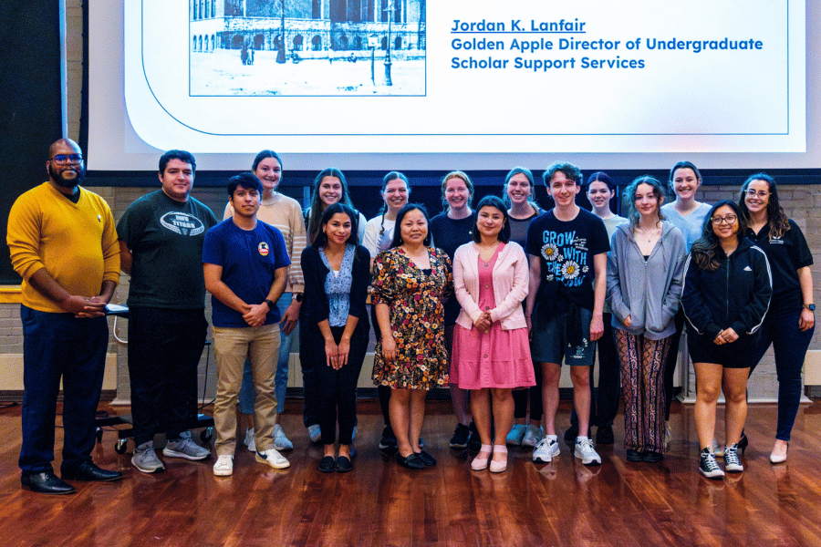 Golden Apple Scholars at IWU pose with faculty and representatives from the Golden Apple Foundation