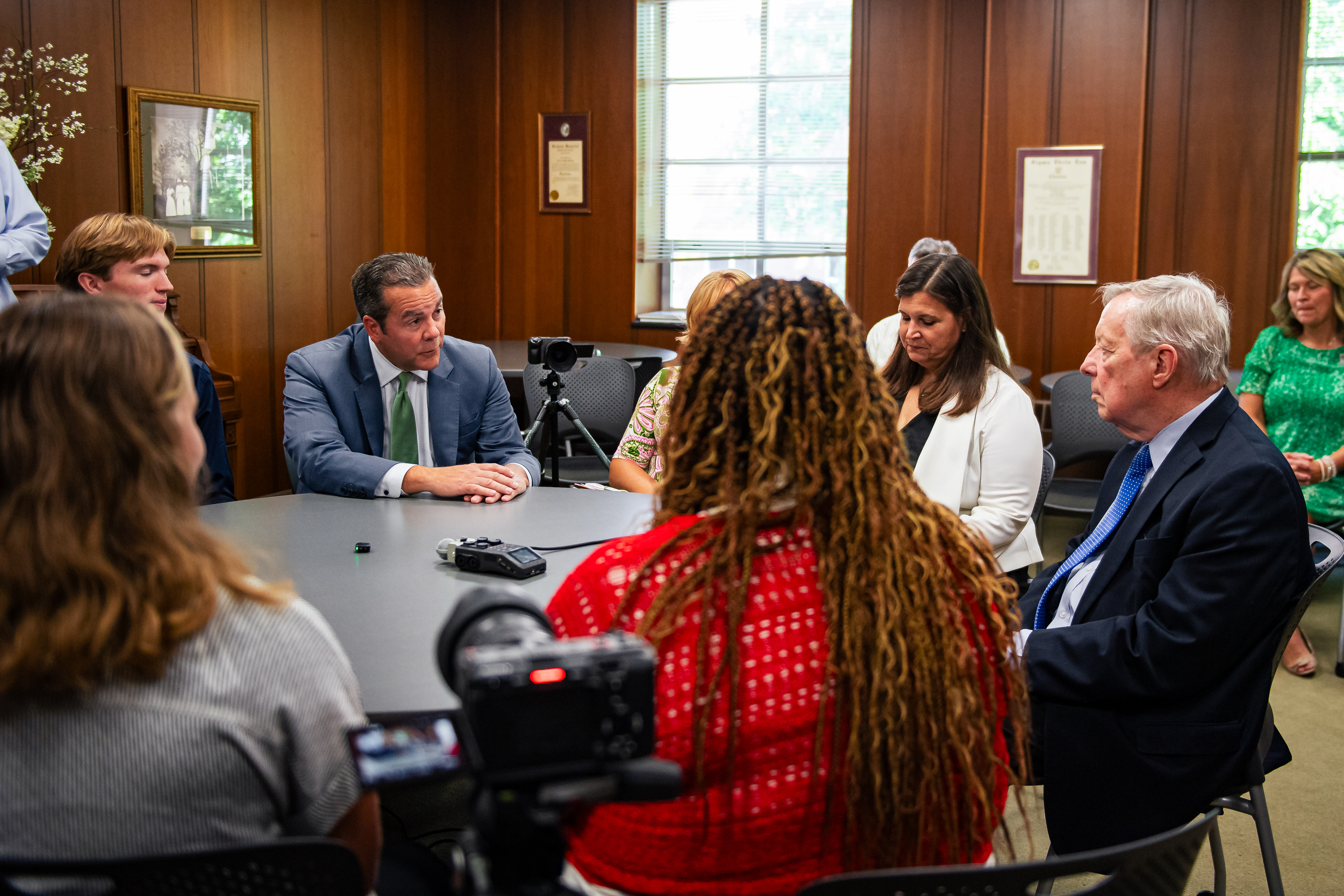 President Sheahon Zenger and U.S. Senator Dick Durbin talking at the round table.