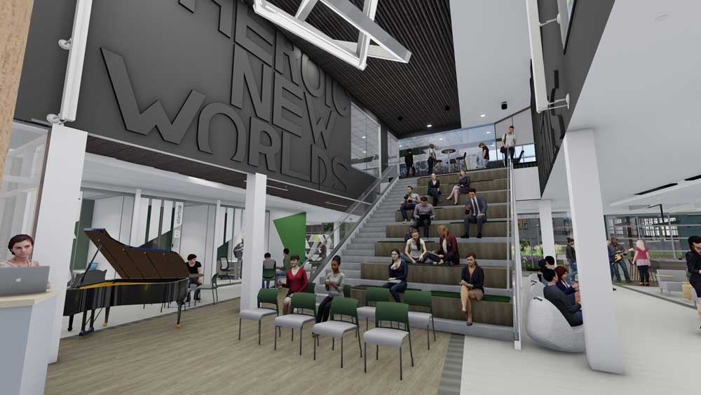 Rendering of proposed first level of The Petrick Idea Center forum with stadium seat steps