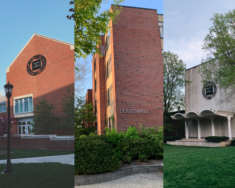 three pictures put together of state farm hall, dodds hall, and presser hall