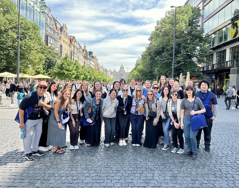 Group photo outside in the streets of Europe.