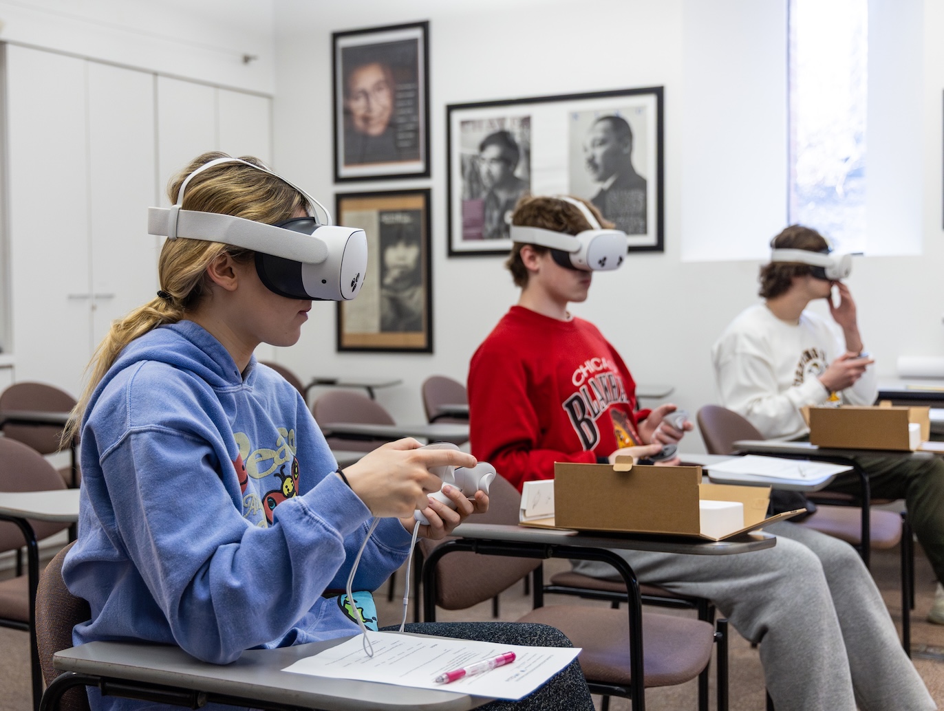 Larguage Resource Center VR Students using Virtual Reality equipment in class.